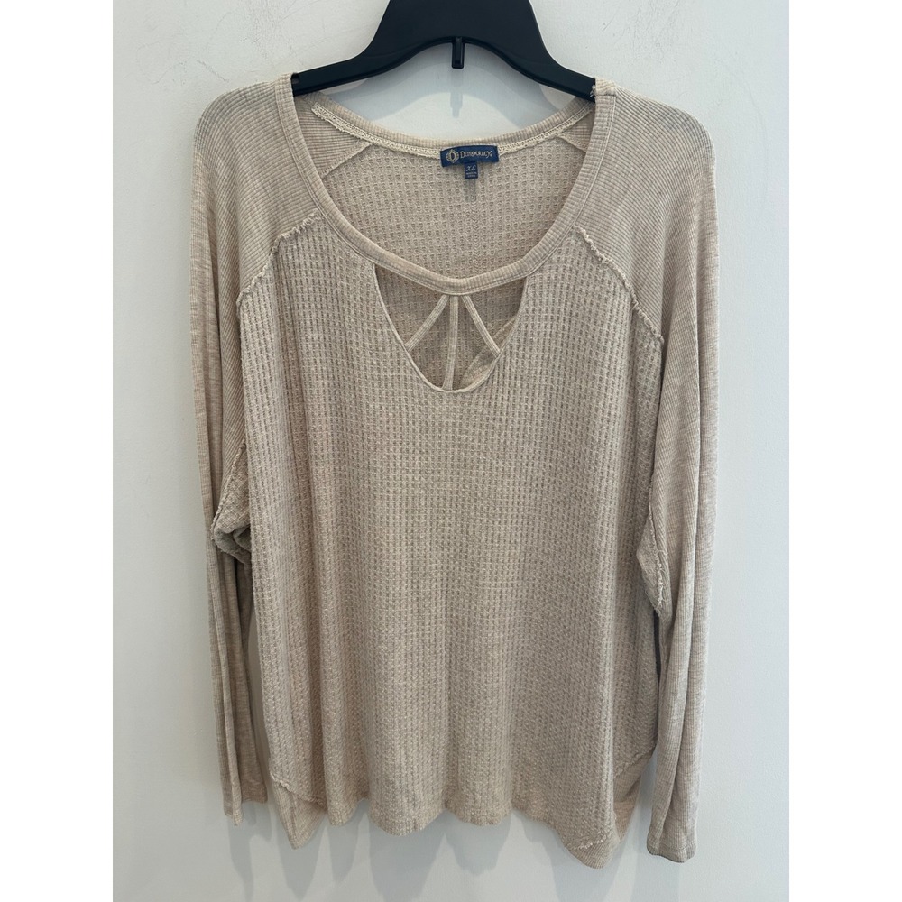 Democracy Womens XL Beige Waffle Knit Cage Neck Long Sleeve Top B036NU5E